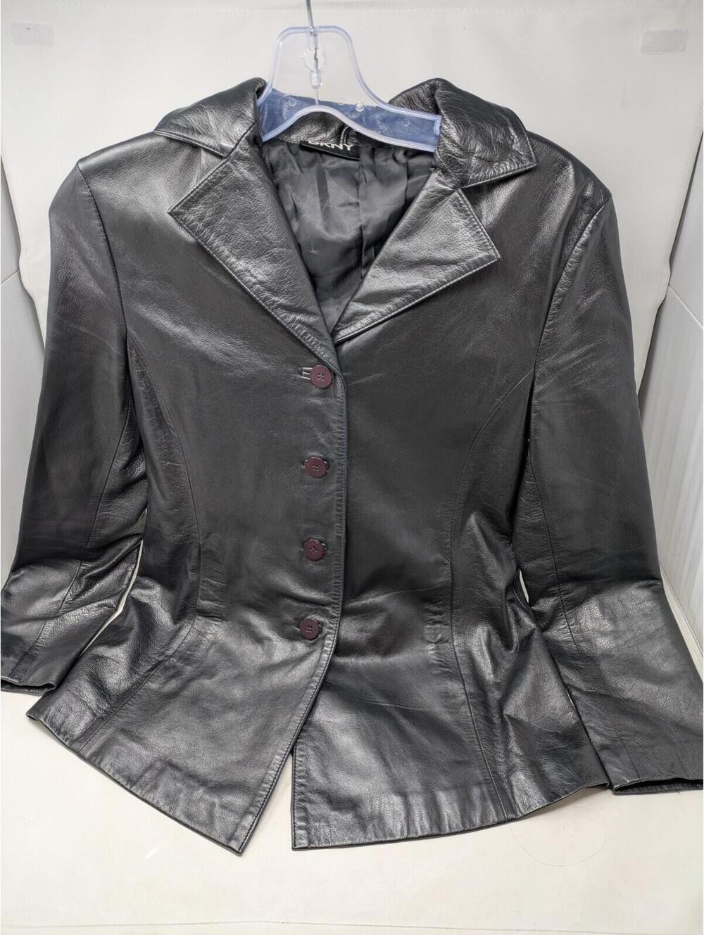 Vintage DKNY Donna Karan Black Leather Jacket Size P Noir-Korea